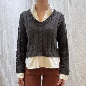 Gray V-Neck Cable Knit Sweater with Attached White Collared Blouse